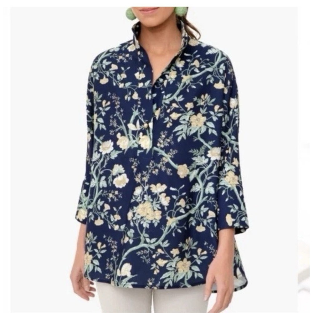 Tuckernuck Navy Floral Willow Blouse Tunic Split V-Neck 3/4 Sleeve XL